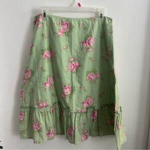 Lauren Ralph Lauren Green Floral Cotton Skirt Cottagecore A-Line Ruffle Hem